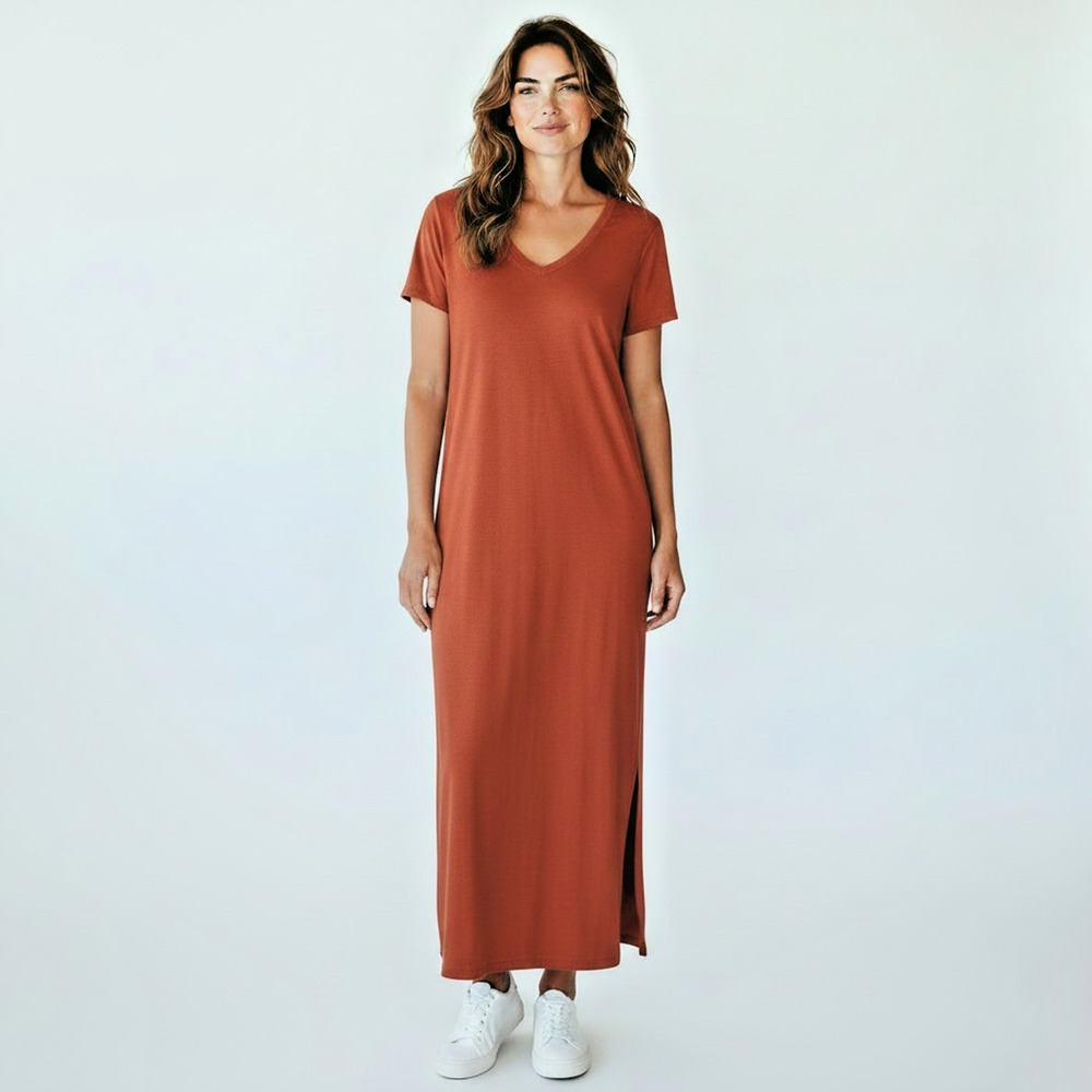 Soya Concept Burnt Orange Clay V Neck Maxi T Shirt Dress SM Scandi Boho Chic